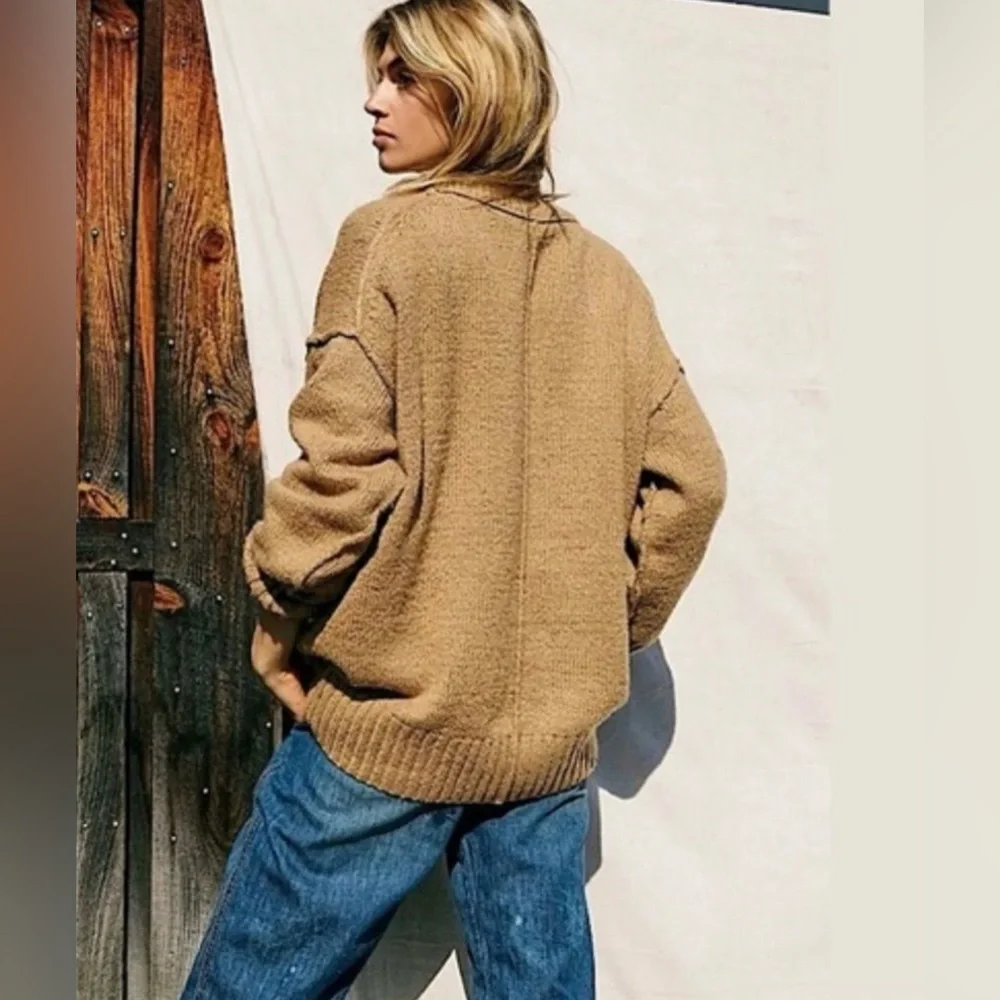 Free People Brookside Boho Soft Oversized Scoopneck Tunic Sweater Desert Camel M